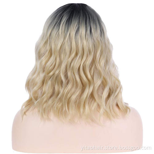 Wavy Blonde Ombre Synthetic Wigs Curly Short Bob Wig with Bangs Heat Resistant Hair 14" Shoulder Length Blond Wig for Women